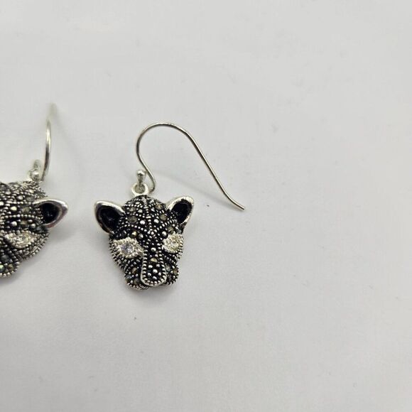 Panther Marcasite Head Dangle Earrings Black Sterling Silver 925 - Picture 3 of 5
